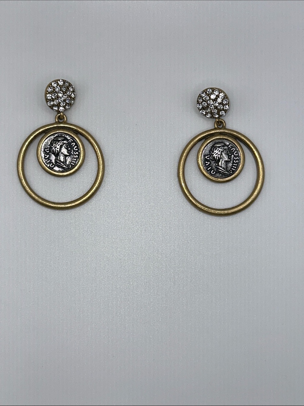 Rhinestone Coin Drop Hoop Earrings in Gold and Silver